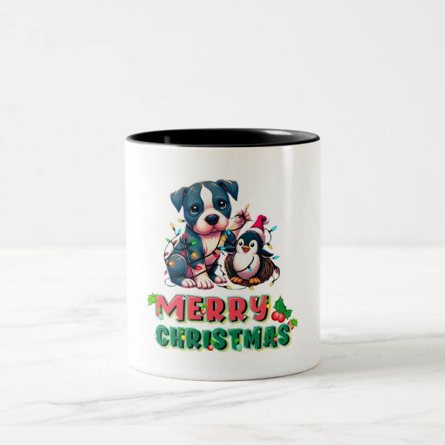 Niedliche Pitbull und Pinguin Weihnachten Zweifarbige Tasse (Mittel)