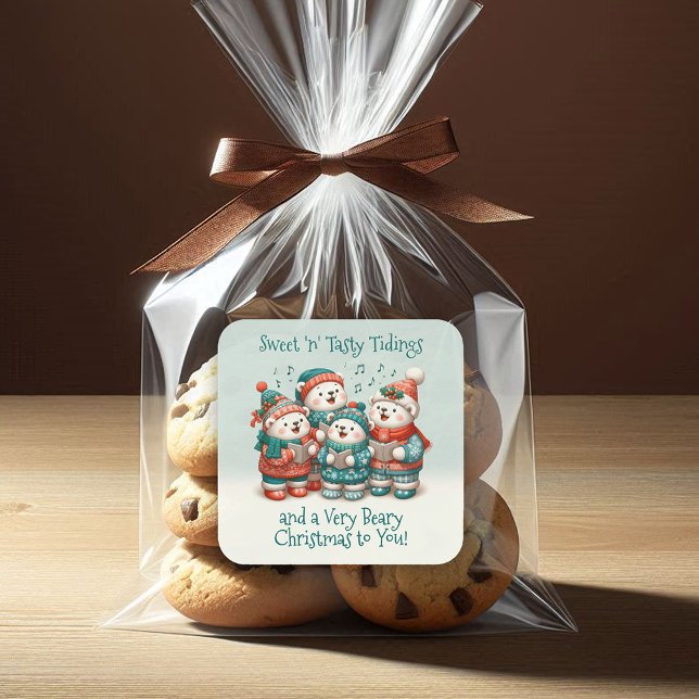 Niedliche Polar Bären Sing haben eine sehr schöne  Quadratischer Aufkleber (Cute Polar Bears Sing Have a Very Beary Christmas Square Sticker Cover Photo)