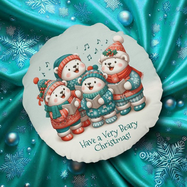 Niedliche Polar Bären Sing haben eine sehr schöne  Rundes Kissen (Cute Polar Bears Sing Have a Very Beary Christmas Round Throw Pillow Cover Photo)