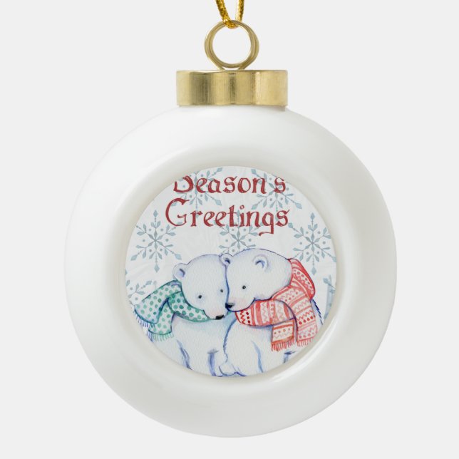 Niedliche Polarbären in Rot und Grün Keramik Kugel-Ornament (Vorderseite)