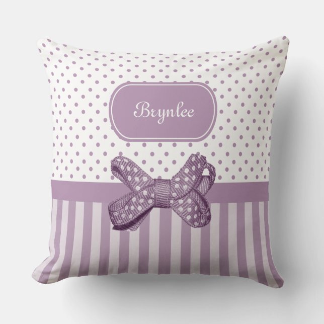 Niedliche Polka Dot Bow Girly Lavendel Streifen un Kissen (Vorderseite)