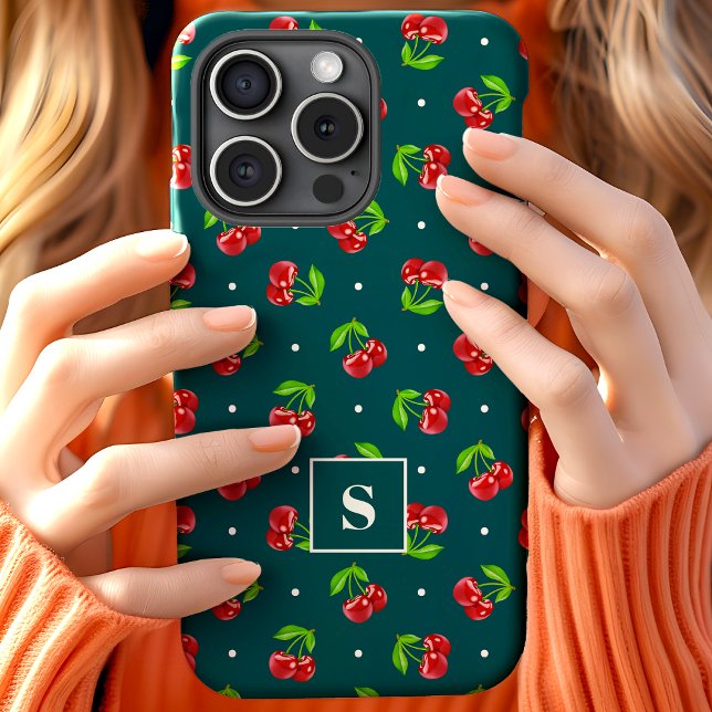 Niedliche Polka-Dot-Kirschen auf Aquamariner Monog Case-Mate iPhone Hülle (Von Creator hochgeladen)
