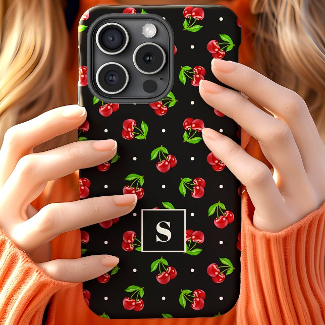 Niedliche Polka-Dot-Kirschen auf schwarzer Monogra Case-Mate iPhone Hülle (Von Creator hochgeladen)