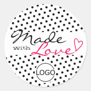 Niedliche Polka Dots Made with Liebe Herz Schwarz- Runder Aufkleber