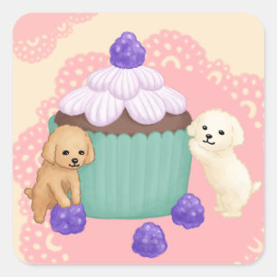 Niedliche Poodles und Cupcake Illustration Art Quadratischer Aufkleber