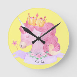 👑 Niedliche Princess Unicorn Individuelle Name Runde Wanduhr