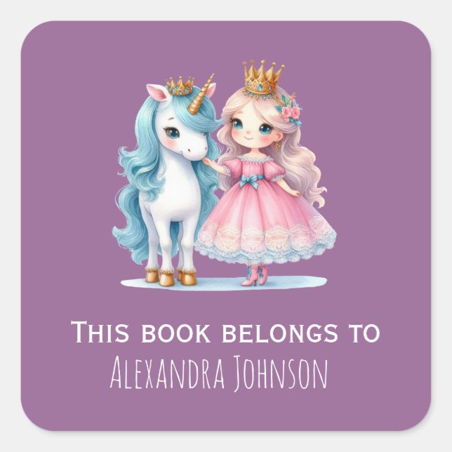 Niedliche Princess & Unicorn Lavendel Kids Labels Quadratischer Aufkleber (Vorderseite)