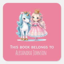 Niedliche Princess & Unicorn Pink Kids Labels Quadratischer Aufkleber