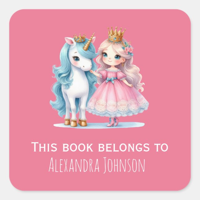 Niedliche Princess & Unicorn Pink Kids Labels Quadratischer Aufkleber (Vorderseite)