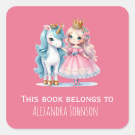 Niedliche Princess & Unicorn Pink Kids Labels Quadratischer Aufkleber