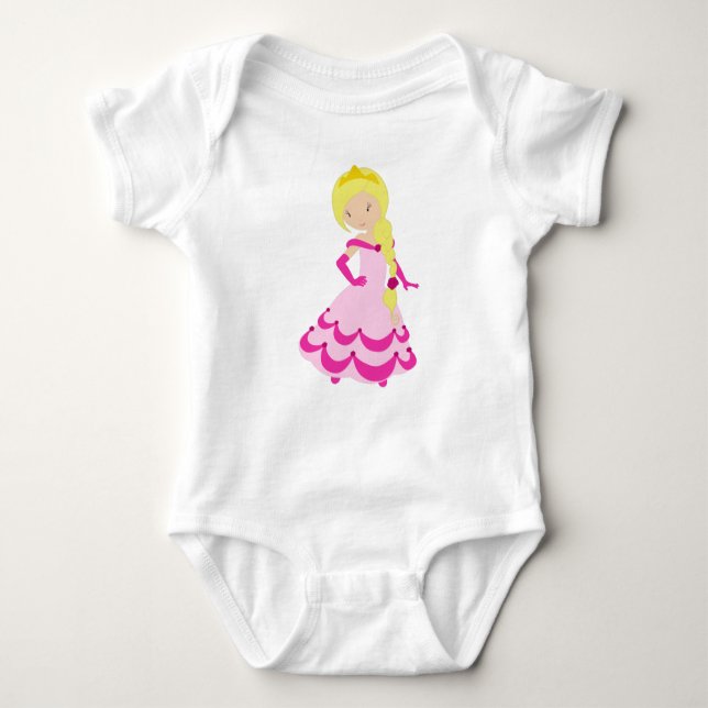 Niedliche Prinzessin, Blondhaar, Kronen, rosa Klei Baby Strampler (Vorderseite)
