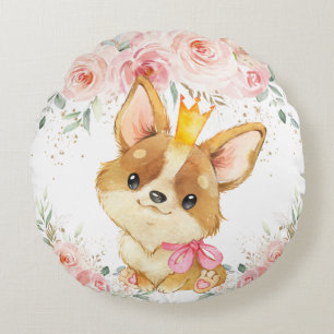 Niedliche Prinzessin Corgi Dog Blush Bloral Rundes Kissen