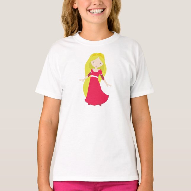 Niedliche Prinzessin, Krone, Blondhaar, Rotes Klei T-Shirt (Vorderseite)