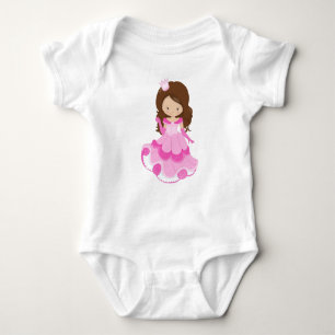 Niedliche Prinzessin, Krone, rosa Kleid, braune Ha Baby Strampler