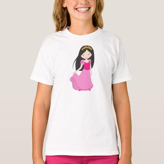 Niedliche Prinzessin, Krone, Schwarzes Haar, rosa  T-Shirt (Vorderseite)
