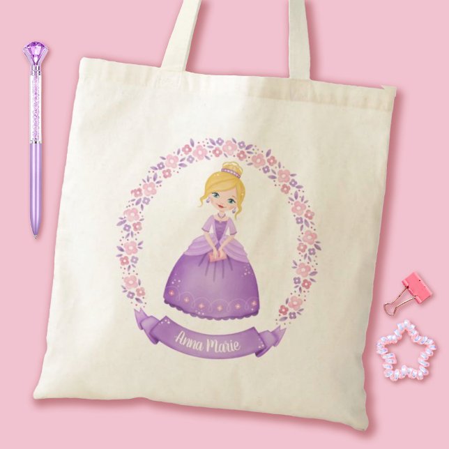 Niedliche Prinzessin Lila Personalisiert Tragetasche (A cute girls purple princess personalized tote bag. Personalize it with your girls name.)