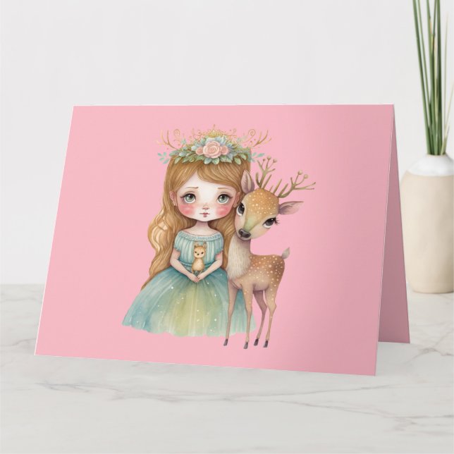 Niedliche Prinzessin und Fawn Baby Deer Gruß Karte (Vorderseite)