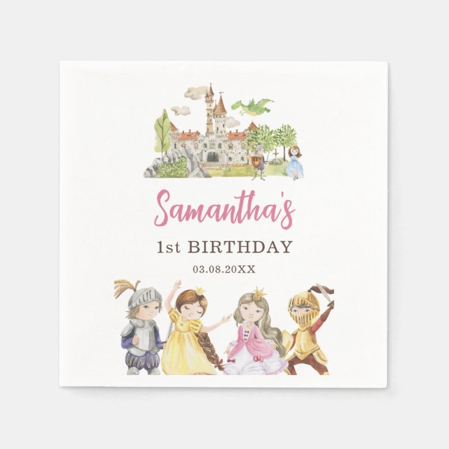 Niedliche Prinzessin und Ritter zum Geburtstag Serviette (Vorderseite)