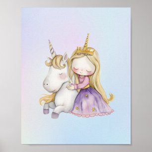 Niedliche Prinzessin Unicorn Aquarellfarbe Poster