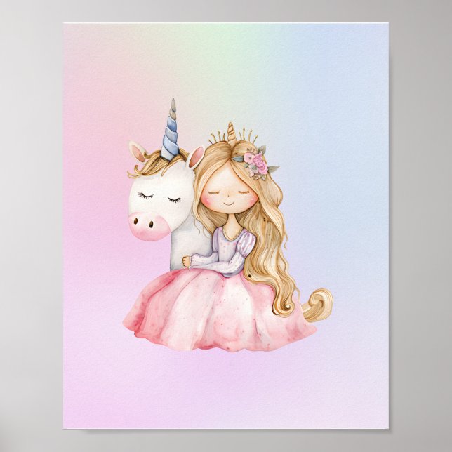 Niedliche Prinzessin Unicorn Aquarellfarbe Poster (Vorne)