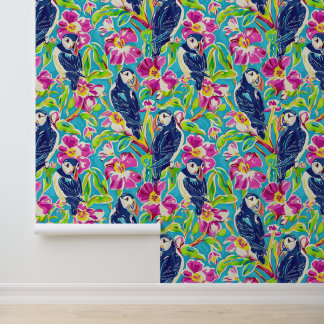 Niedliche Puffsänger mit rosa Blume Tapete