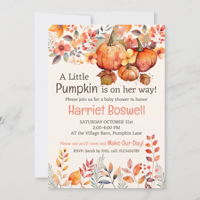 Niedliche Pumpkin Baby Dusche Einladung, EDITABLE Einladung (Vorderseite)