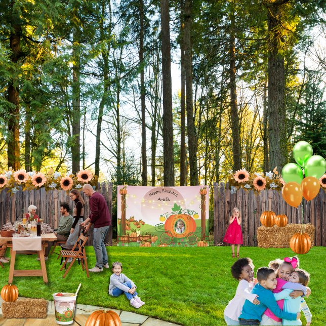 Niedliche Pumpkin Carriage Girl Geburtstagsfallen Banner (Wildflower make-your-own-princess in a pumpkin patch carriage 4' x 6' outdoor birthday banner)