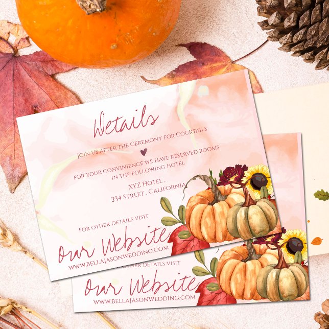 Niedliche Pumpkin Herbst Blumenzellendetails zur H Begleitkarte (Cute Pumpkin Autumn Floral Fall Wedding Details Enclosure Card)