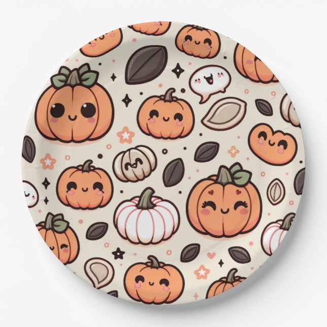 Niedliche Pumpkins und Pumpkin Seeds Halloween-Par Pappteller (Vorderseite)