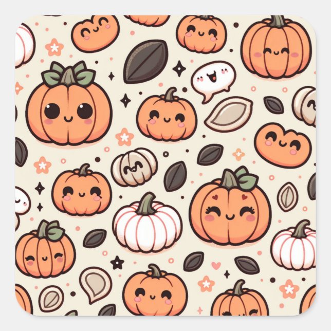 Niedliche Pumpkins und Pumpkin Seeds Halloween-Par Quadratischer Aufkleber (Vorderseite)