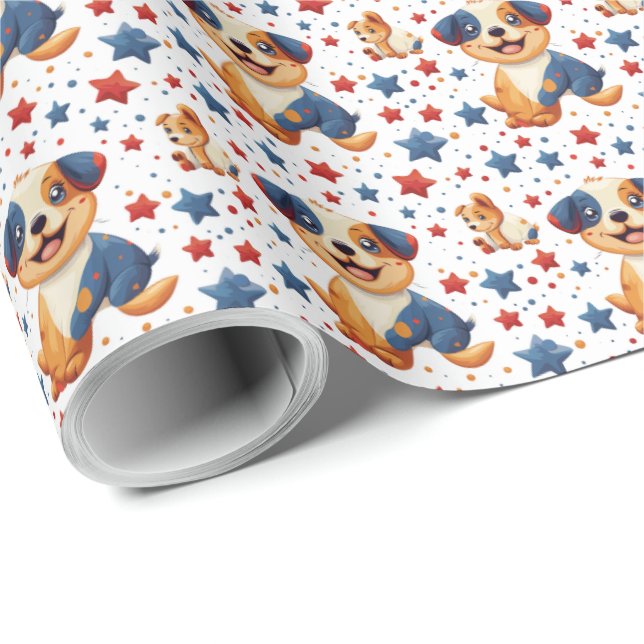 Niedliche Puppy Patriotic Amerikanische Unabhängig Geschenkpapier (Rolleneckpunkt)