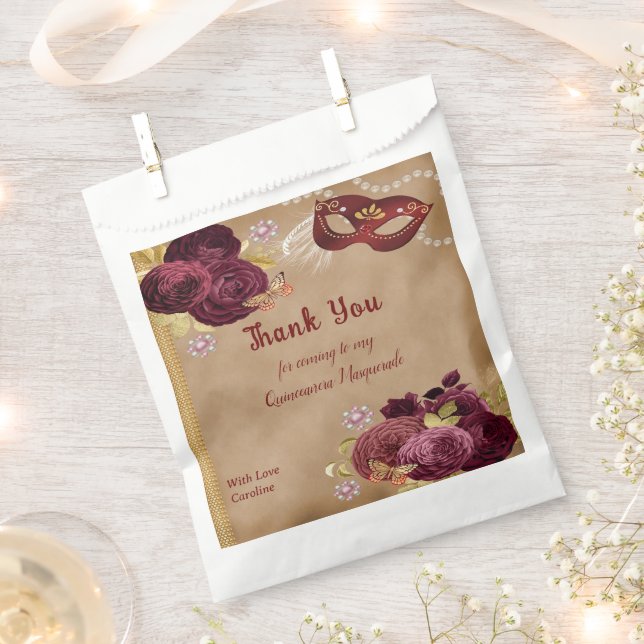 Niedliche Quinceañera Masquerade Burgund Englische Geschenktütchen (Ausgeschnitten)