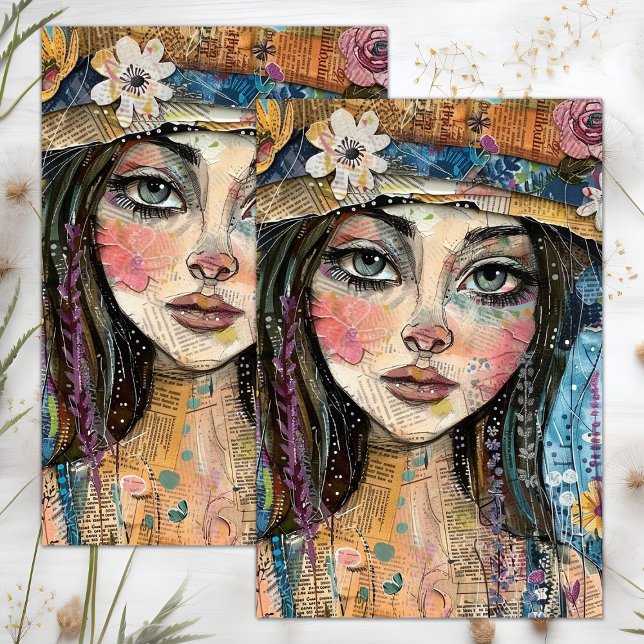 NIEDLICHE QUIRKY BOHO MÄDCHENDEKOUPATION SEIDENPAPIER (CUTE QUIRKY BOHO GIRL DECOUPAGE TISSUE PAPER)