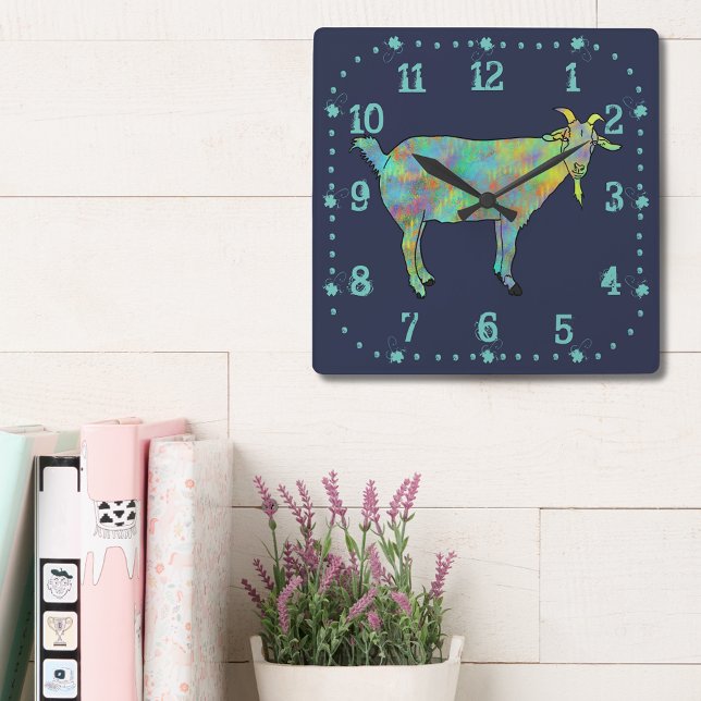 Niedliche Quirky Goat Colorful Funny Funny Girl Quadratische Wanduhr (Cute goat colorful farm animal art blue and green wall clock)