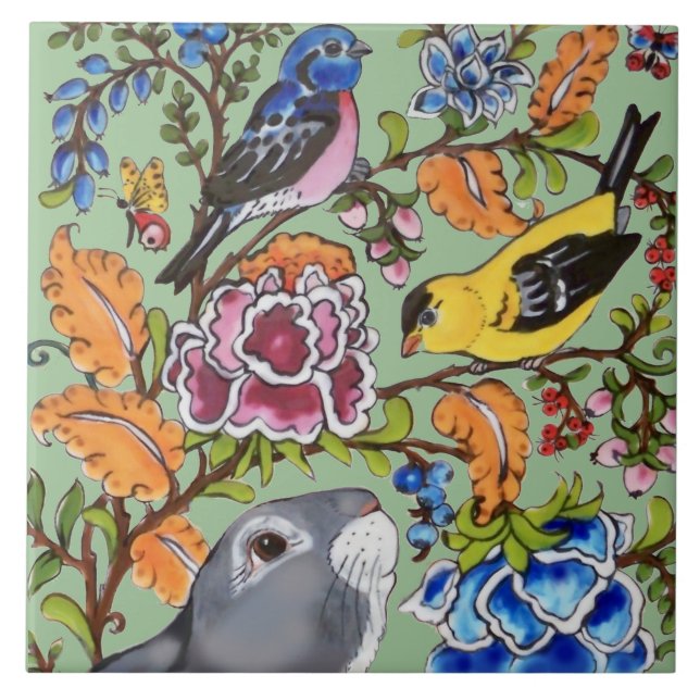 Niedliche Rabbit Mural Blumengrün Bkgrd oberste Hä Fliese (Vorderseite)