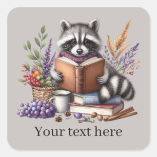 Niedliche Raccoon-Buchliebhaber fügen Text hinzu Quadratischer Aufkleber
