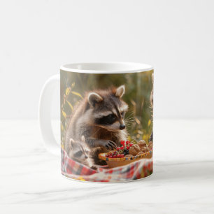 Niedliche Raccoon-Familie mit Picknick Kaffeetasse