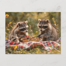 Niedliche Raccoon-Familie mit Picknick Postkarte