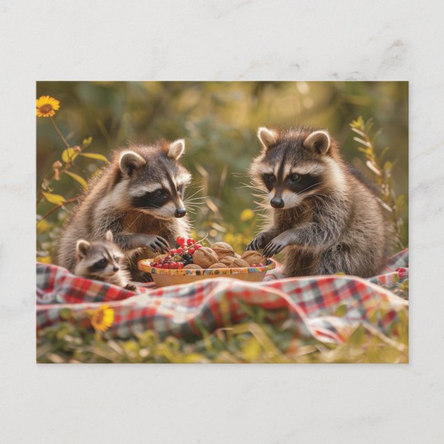 Niedliche Raccoon-Familie mit Picknick Postkarte (Vorderseite)