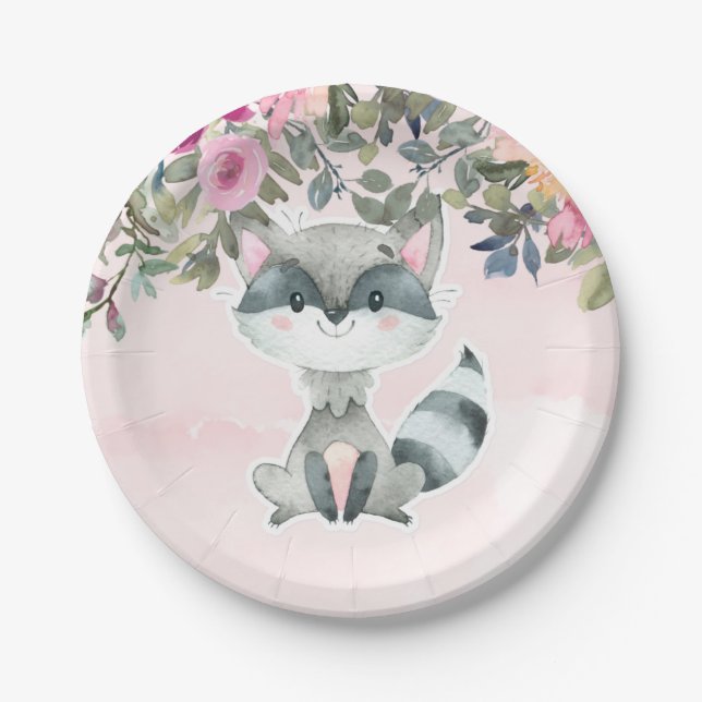 Niedliche Raccoon Wasserfarbe Peony Baby Dusche Pappteller (Vorderseite)