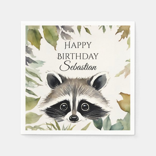 Niedliche Raccoon Woodland Animal Birthday Party Serviette (Vorderseite)