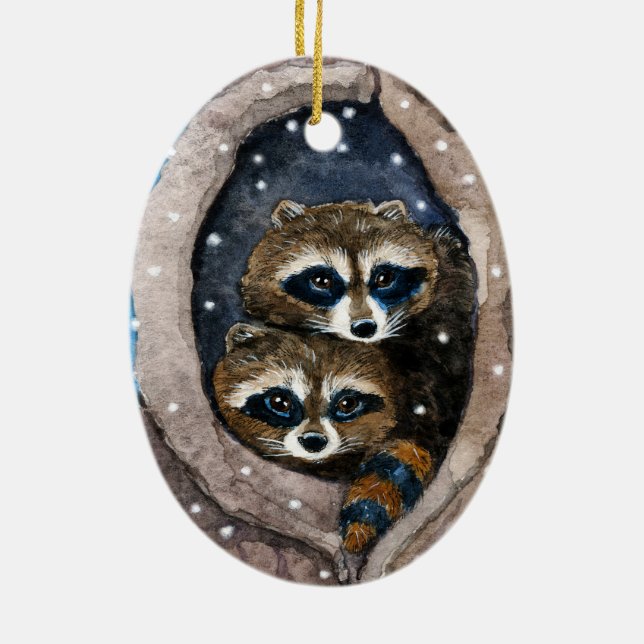 Niedliche Raccoons und Schnee Weihnachtsverzierung Keramik Ornament (Hinten)