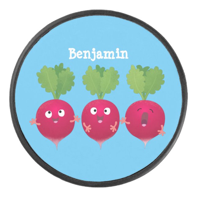 Niedliche Radieschen singend Trio Cartoon Gemüse Eishockey Puck (Vorderseite)