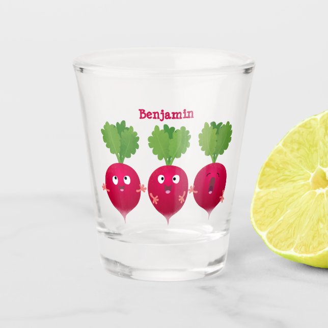 Niedliche Radieschen singend Trio Cartoon Gemüse Schnapsglas (Vorderseite)