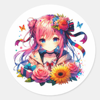Niedliche Rainbow Anime Girl und Kitten Geburtstag Runder Aufkleber