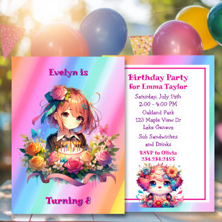 Niedliche Rainbow Anime Girl's Birthday Party Einladung