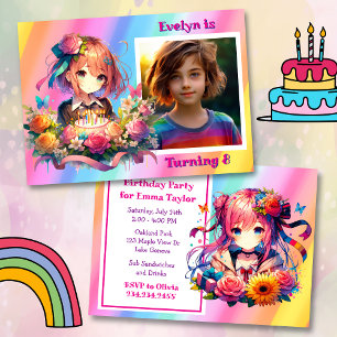 Niedliche Rainbow Anime Girl's Birthday Party Einladung