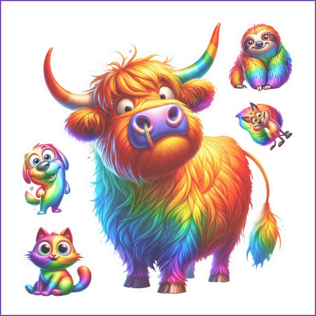 Niedliche Rainbow-Aufkleber Aufkleber (Funny highland cow and friends contour cut sticker sheet is a fun stocking stuffer or basket filler.)