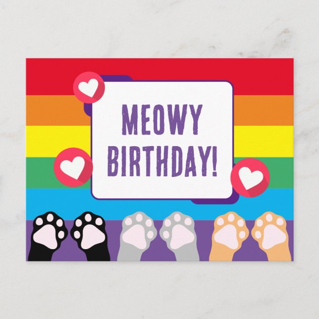 Niedliche Rainbow Cat Paws Up Happy Birthday Postkarte (Vorderseite)