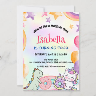 Niedliche Rainbow Donuts Dino Unicorn Geburtstagsp Einladung